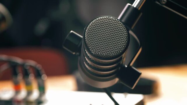 Podcast Live streaming, man radio presenter with microphone, talk show or entertainment. Content creator podcast host in studio for recording audio social media, live concert show. 