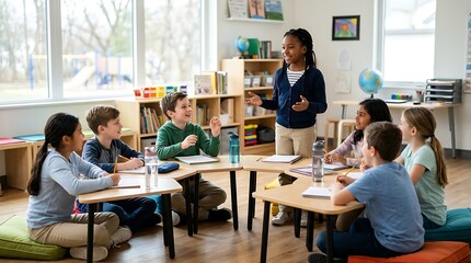 Fototapeta premium Diverse group of young students engaging in a lively discussion with their teacher in a bright, modern classroom setting