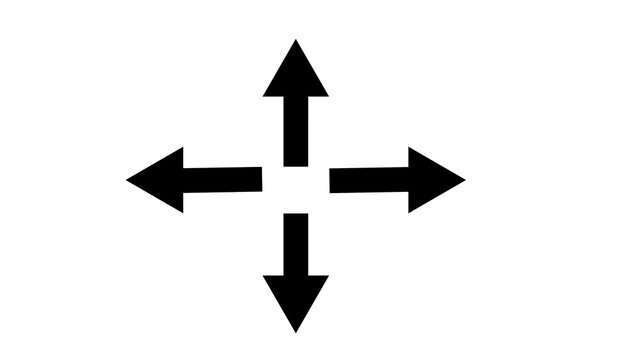 Black four way arrow directional icon isolated on white background. Minimalist multi directional navigation and move cursor symbol vector illustration.