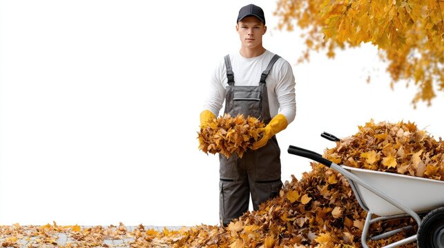 Hands gently gather colorful autumn leaves using a rake, surrounded by scenic nature and a peaceful ambiance in the background