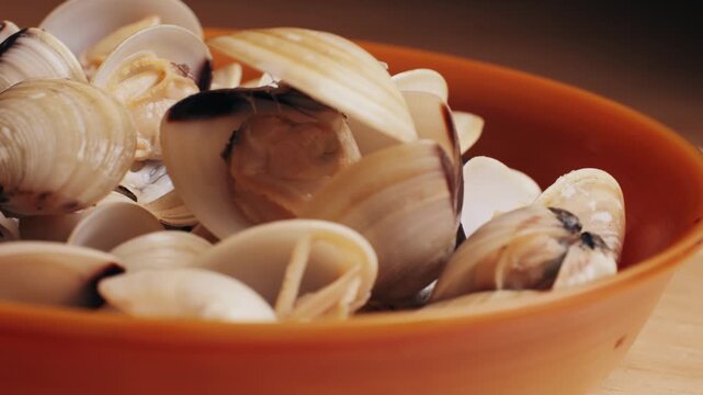 Marinara mussels with garlic, sauce, lemon and parsley. Classic spanish and French meal macro close up.