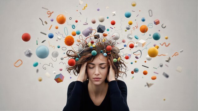 Woman suffering from attention deficit hyperactivity disorder with messy thoughts. Chaos in mind conceptual visualization. Mental health struggle and overwhelming focus issues.