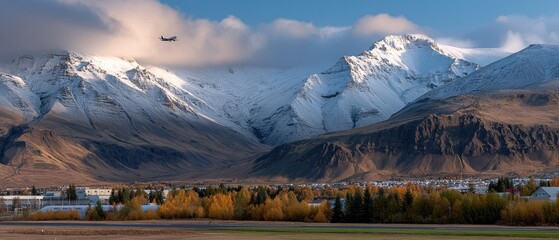 Naklejka premium A commercial aircraft approaches the runway against a backdrop of stunning mountains and a clear sky in the afternoon light