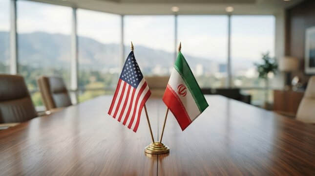 American and Iranian Flags on Meeting Table Symbolizing International Diplomacy