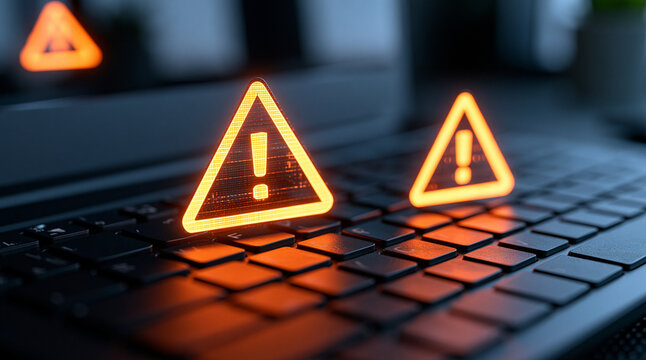Glowing warning signs on a laptop keyboard symbolizing cybersecurity threats. Perfect for digital security concepts.
