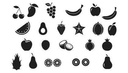 Black and white fruit icon set illustration including citrus berry tropical and exotic produce symbol. © Mohammed
