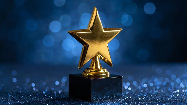 A shiny gold star trophy on a dark blue glitter background with dramatic lighting. Ideal concept for business success.
