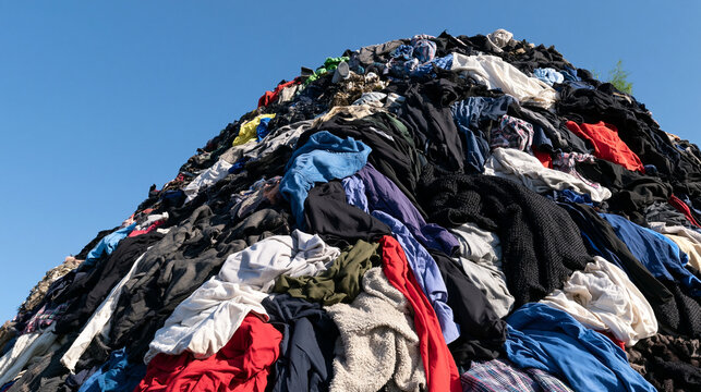 A massive pile of discarded clothing under a clear blue sky. Concept for fast fashion waste and textile recycling.