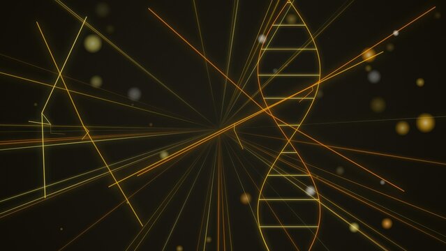 Abstract dna double helix gold lines and glowing particles on dark background.