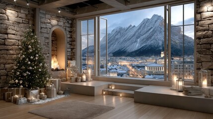 Fototapeta premium A warm, inviting room features a decorated tree, gifts, and a stunning view of snow-capped mountains, creating a festive ambiance