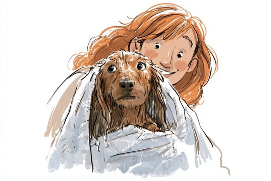 Humorous hand-drawn illustration of a girl with red hair holding a wet dog wrapped in a towel, both appearing surprised in a lighthearted setting