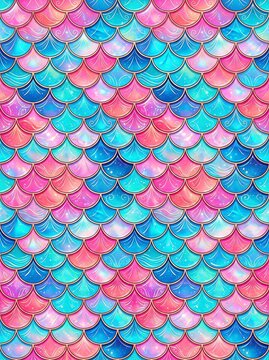 Colorful iridescent mermaid scales seamless pattern in pink and blue