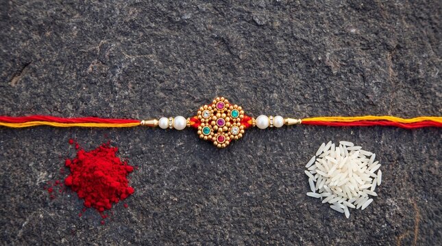Top view of premium rakhi with roli chawal at textured background