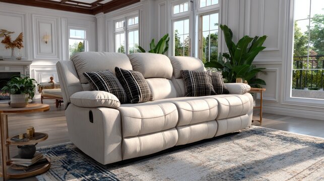 Cozy living room showcases a plush white sofa adorned with soft pillows, accompanied by a fresh bouquet in a glass vase