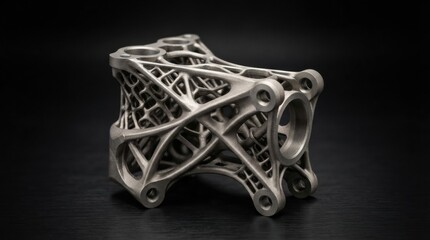 Fototapeta premium Metal part with intricate design made through 3D printing technology placed on a dark surface in a studio setting