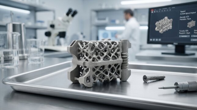 3D printed metal structure displayed on a tray in a laboratory setting with a researcher working in the background