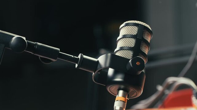 Podcast Live streaming, man radio presenter with microphone, talk show or entertainment. Content creator podcast host in studio for recording audio social media, live concert show. 