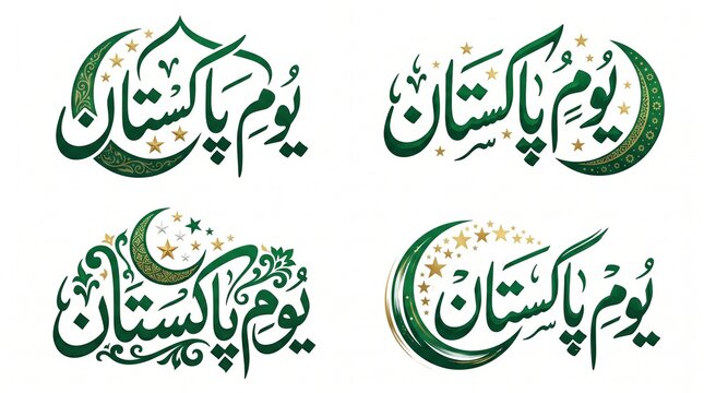 "Four stylized Urdu calligraphic designs reading Youm‑e‑Pakistan with crescents, stars, and ornamental green‑white motifs"