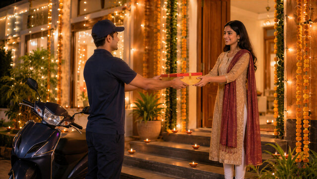 Diwali Gift Delivery to Indian Woman at Decorated Home Entrance