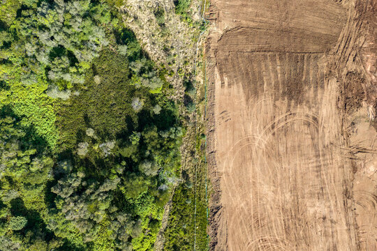 Aerial view of land clearing for the West Byron Bay development, showing the sharp contrast between dense native forest and cleared earth in Byron Bay, New South Wales, Australia.