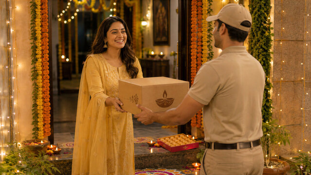 Courier Delivering Large Diwali Package to Indian Woman at Home
