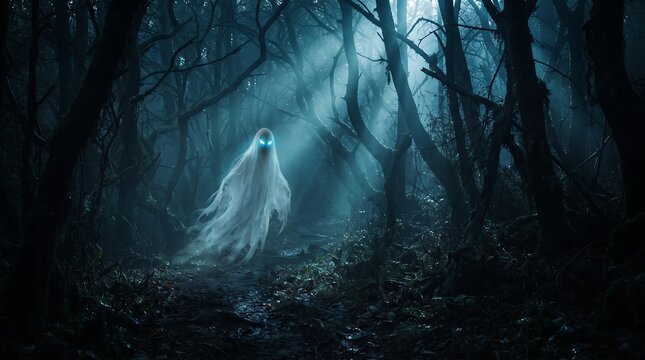A spooky halloween ghost floating through a dark and mysterious forest with ethereal glowing light rays