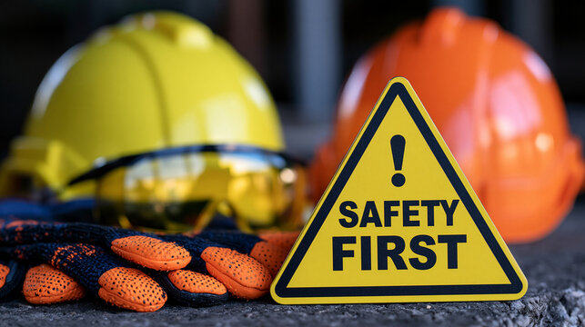 Safety first sign with hard hats and gloves on industrial workplace background. Essential personal protective.