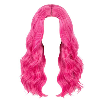 Long wavy hot neon pink hair wig isolate