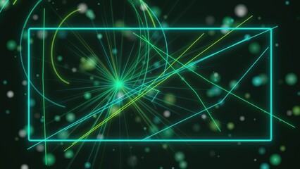 Obraz premium Abstract particle explosion with green neon lines for digital visual background.