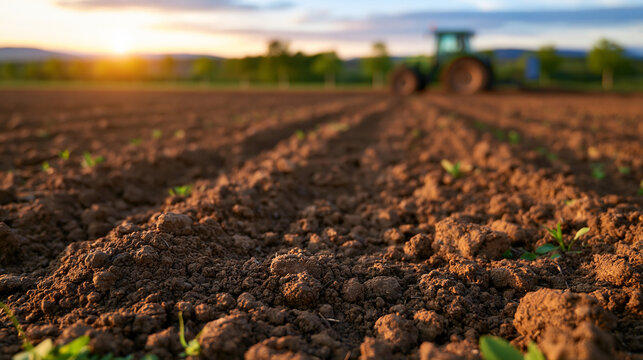 A tractor working in a freshly plowed agricultural field at sunset. Ideal for farming and sustainable agriculture.
