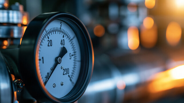 Industrial pressure gauge measuring equipment in a factory setting. Perfect for manufacturing and engineering industry.