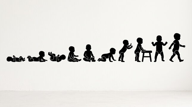 "Black silhouettes showing sequential baby motor development from lying to standing"
