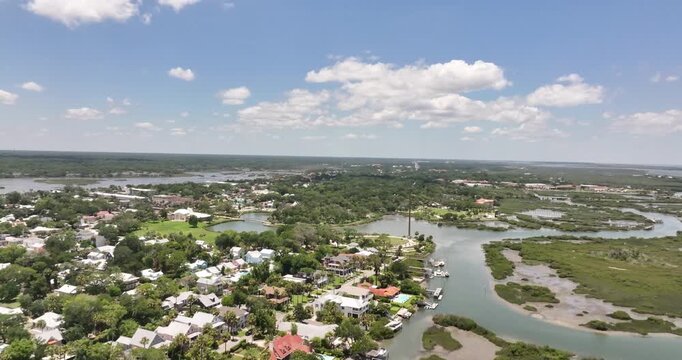 Aerial View of Waterfront Neighborhood, Salt Marsh, and River in St. Augustine, Florida&rdquo;