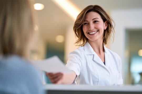Female hospital receptionist in white coat hands an appointment document to a patient at a modern healthcare facility with soft lighting and blurred background