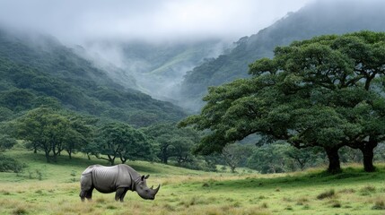 Fototapeta premium An Indian one horn rhinoceros explores a verdant grassland, surrounded by tall wild grass and shrouded in gentle morning mist