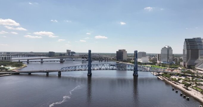 Aerial View of Jacksonville, Florida Vertical Lift Bridge over the St. Johns River on June 28 2026 