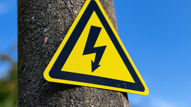 High voltage warning sign on a concrete pole against a blue sky. Symbolizing electrical danger and safety precautions.