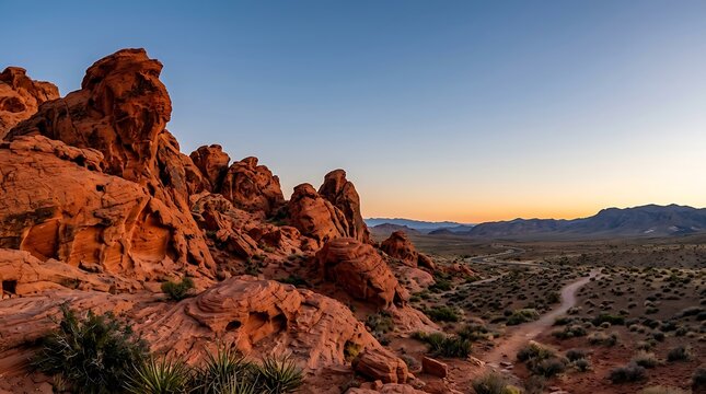 Red sandstone rock formations at sunset in a vast desert valley