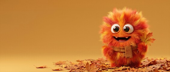 Fototapeta premium Funny fluffy orange monster holding maple leaf in autumn. Cute creature wearing knitted scarf standing on fall foliage. Banner with copy space