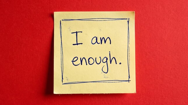 Inspirational I am enough message on yellow sticky note, positive affirmation text on red background, self-care concept