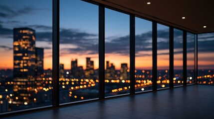 Fototapeta premium Skyscraper interior with floor to ceiling windows overlooking a blurred city skyline at dusk and warm city lights beyond clean glass panels.