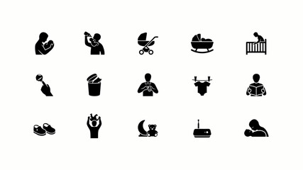 Fototapeta premium Modern flat icons set with minimalist collection black white vector icons depicting various parenting early childhood themes uniform flat design style