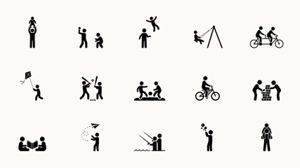 Fototapeta premium Diverse outdoor activities illustrated with minimalist black icons on light background with recreational activities daily displays collection stylized