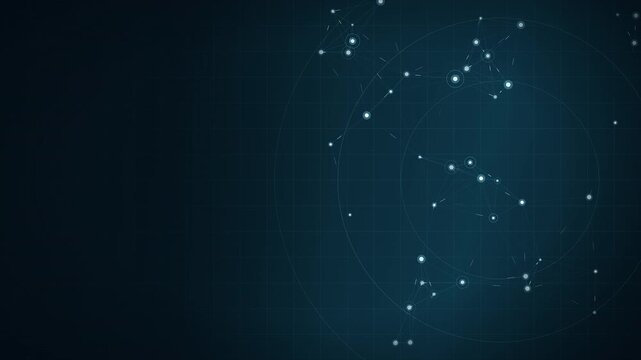 Abstract dark blue grid with glowing circular network nodes on right and left copy space