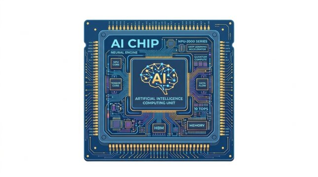 AI chip with neural engine layout and labels showing functionality and features
