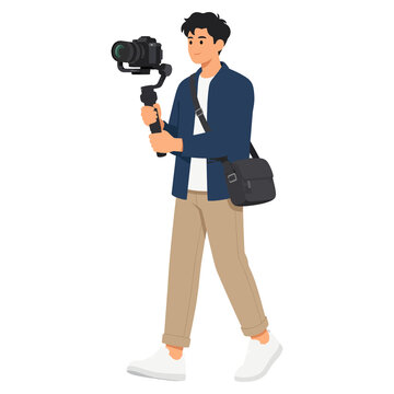 Male videographer walking with camera gimbal vector illustration