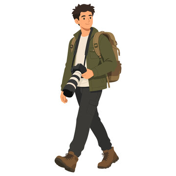 Male photographer walking with camera and backpack vector illustration