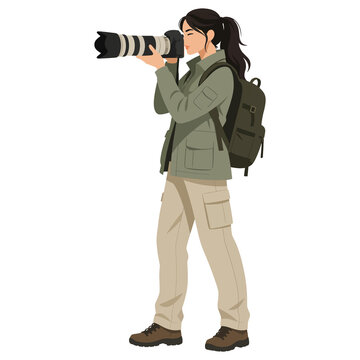 Female photographer taking photo with telephoto camera vector illustration