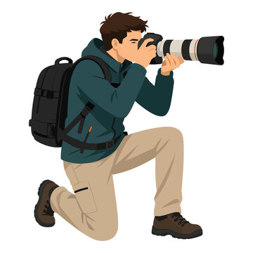 Male photographer kneeling with telephoto camera vector illustration