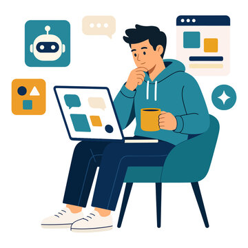 Thoughtful young man working on laptop with AI icons vector illustration